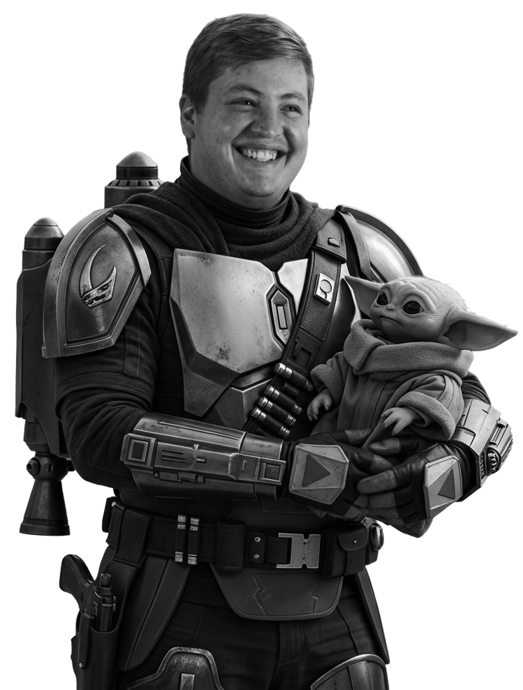 Tristin, rendered as a Mandalorian holding Grogu